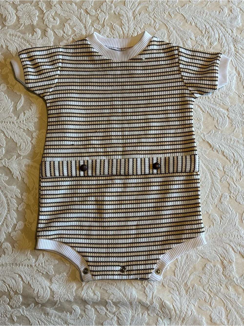 Striped Short-Sleeve Baby One-Piece in White and Black with Button Detail